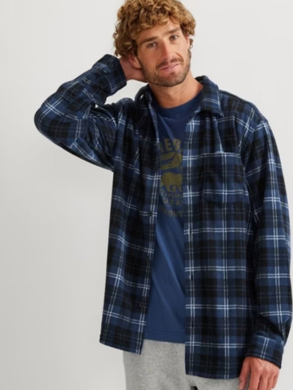 Eddie Bauer Plaid Fleece Button Up Shirt Blue L